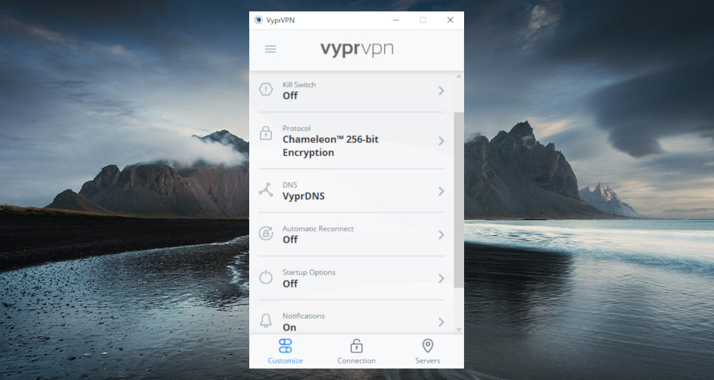 A review of VyprVPN client's customization menu