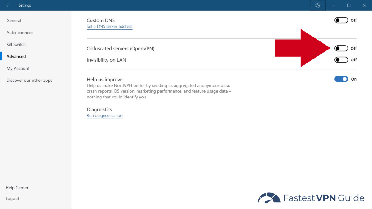 Turning on NordVPN's obfuscated servers